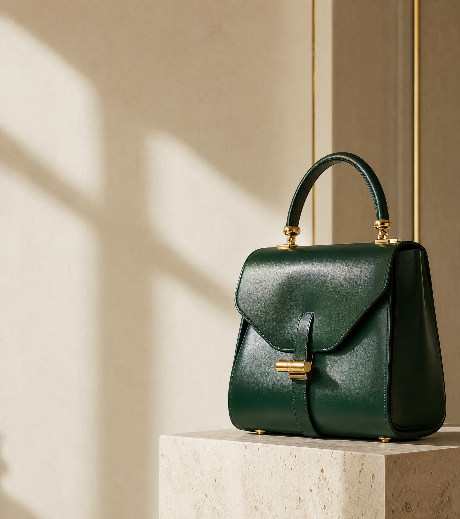 Emerald leather handbag with gold hardware on a cream marble plinth
